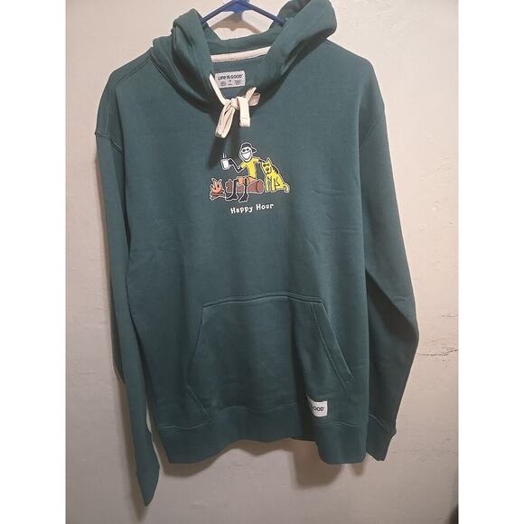 Life Is Good Hoodie Mens Mediu Green Logo Pullover Fleece Happy Hour Camping NEW - Picture 1 of 12